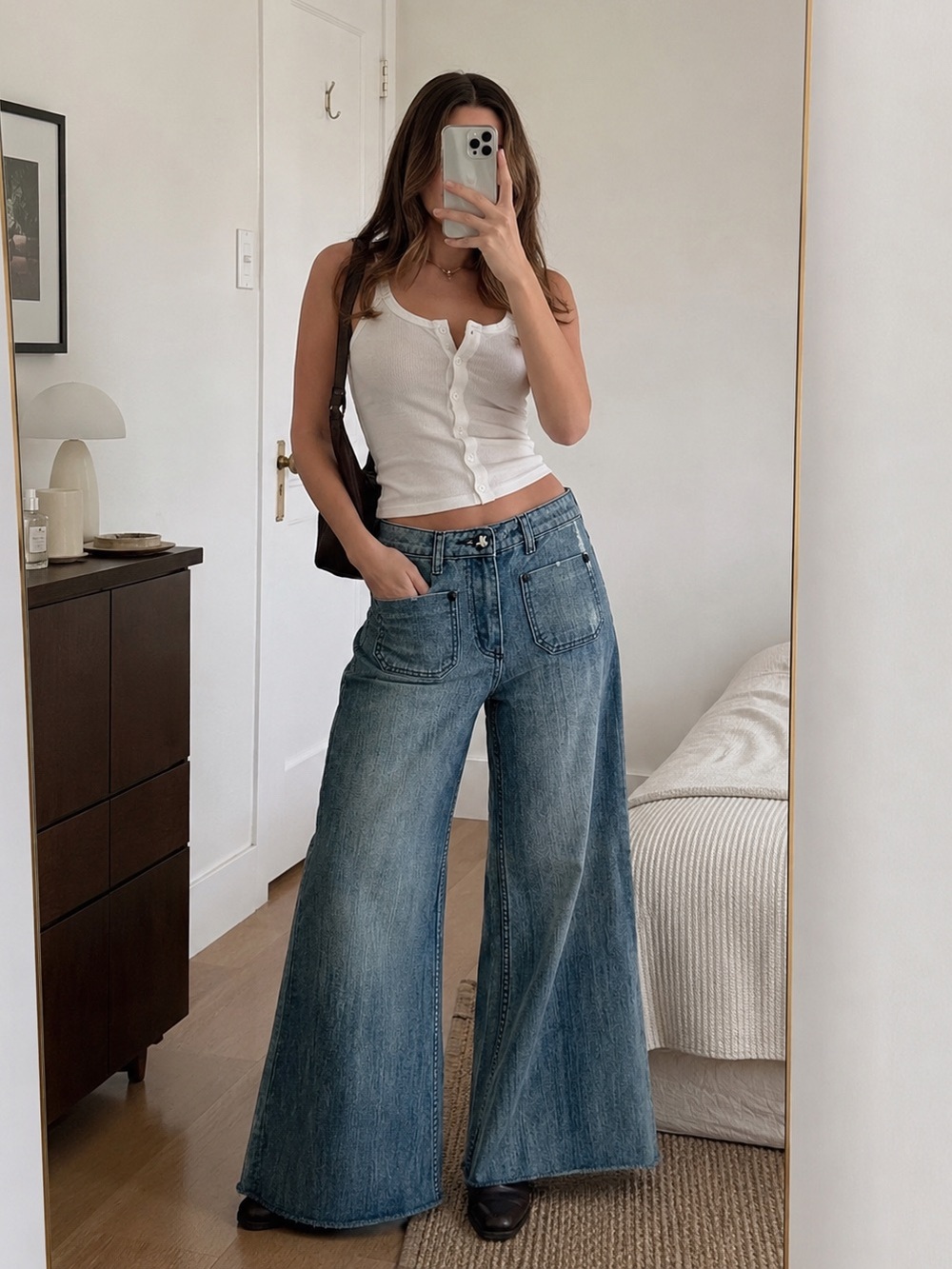One Teaspoon Wide Leg Flare Jeans in Medium Blue Wash